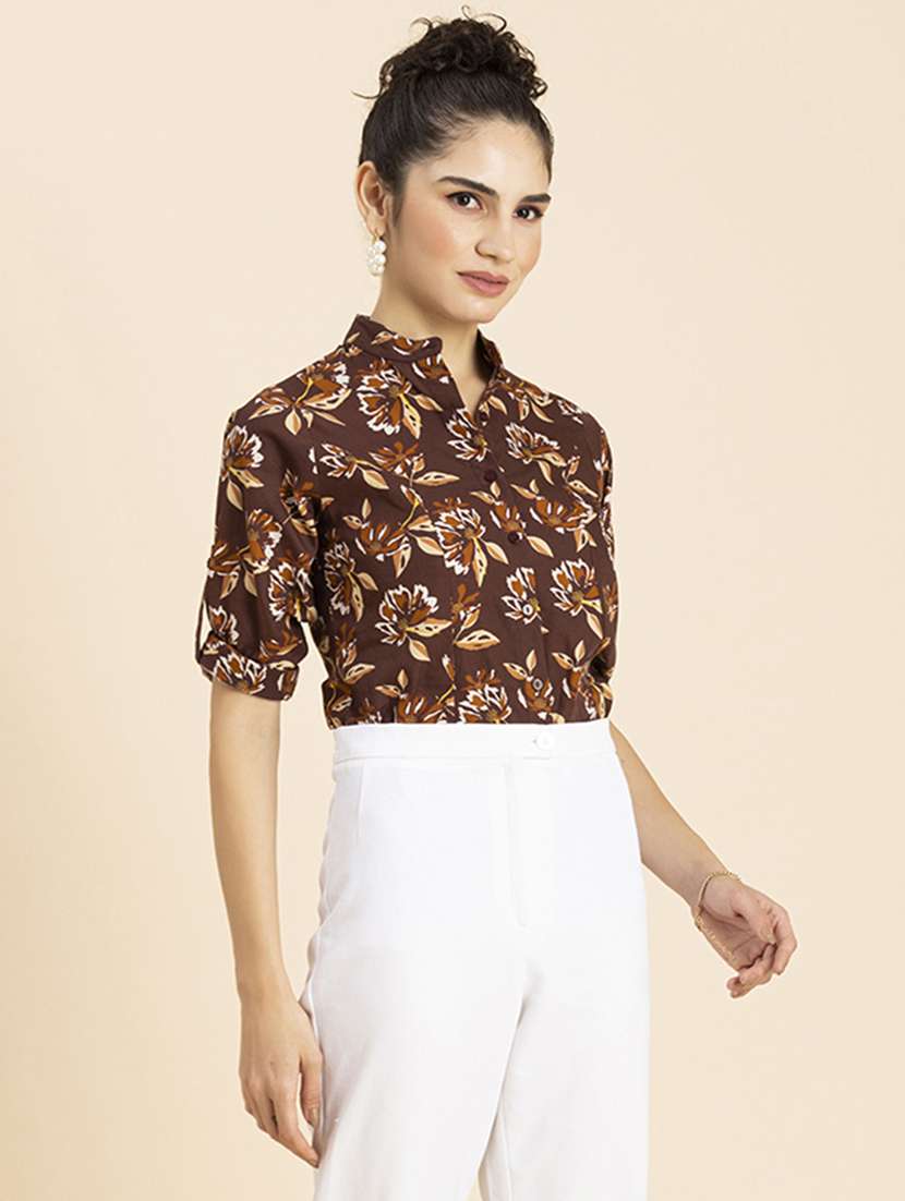 brown florals printed regular shirt - 20272048 -  Standard Image - 1