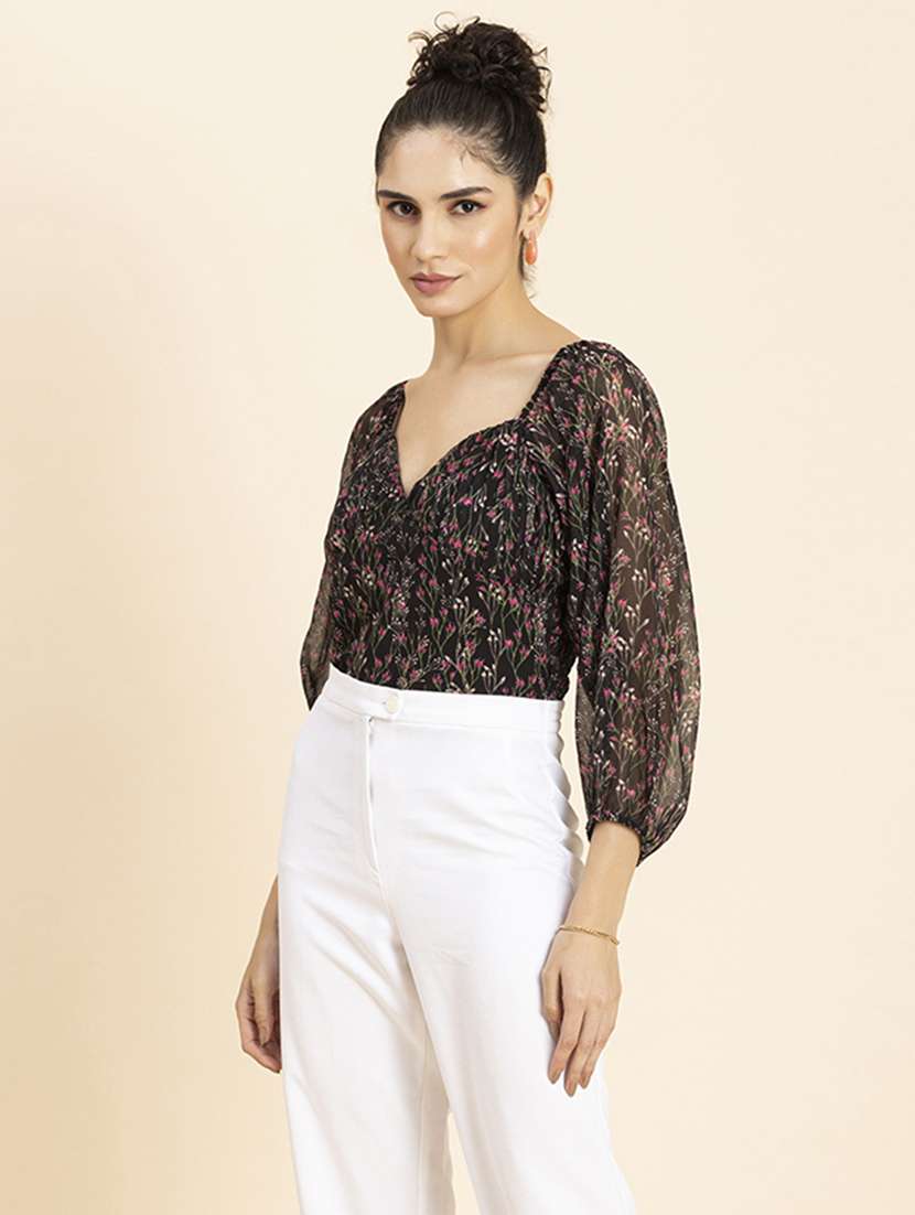 black florals printed regular top - 20272072 -  Standard Image - 1