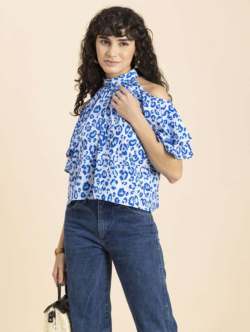 women printed halter neck cold shoulder top - 20272079 - Standard Image - 1