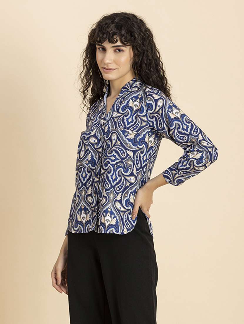 blue paisely printed mandarin neck regular shirt - 20272098 -  Standard Image - 1