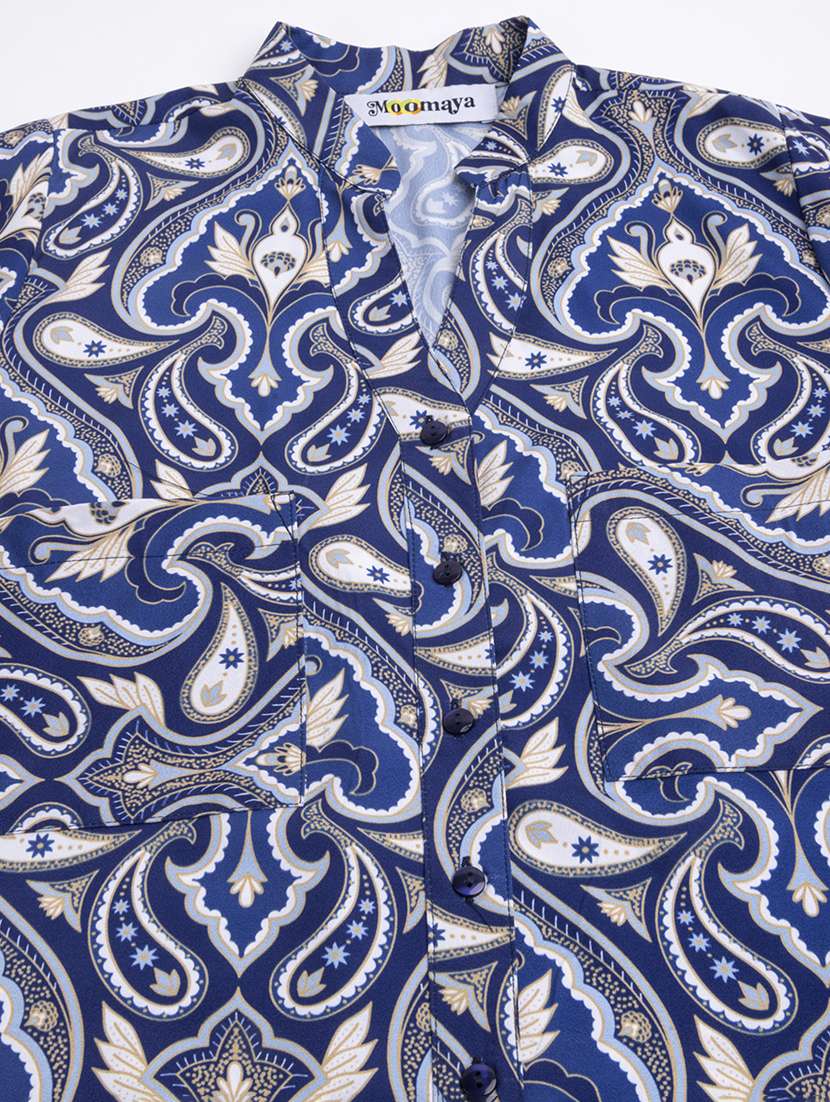blue paisely printed mandarin neck regular shirt - 20272098 -  Standard Image - 4