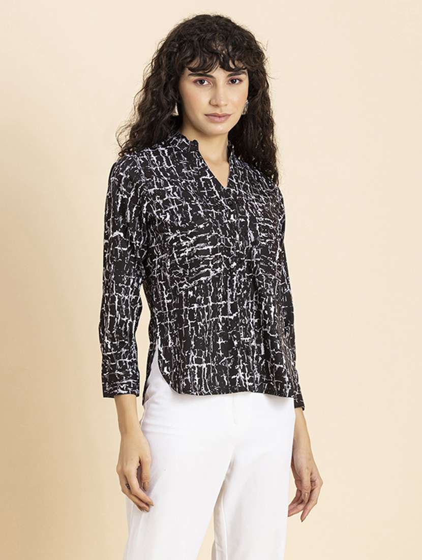 black abstract printed mandarin neck regular shirt - 20272099 -  Standard Image - 1
