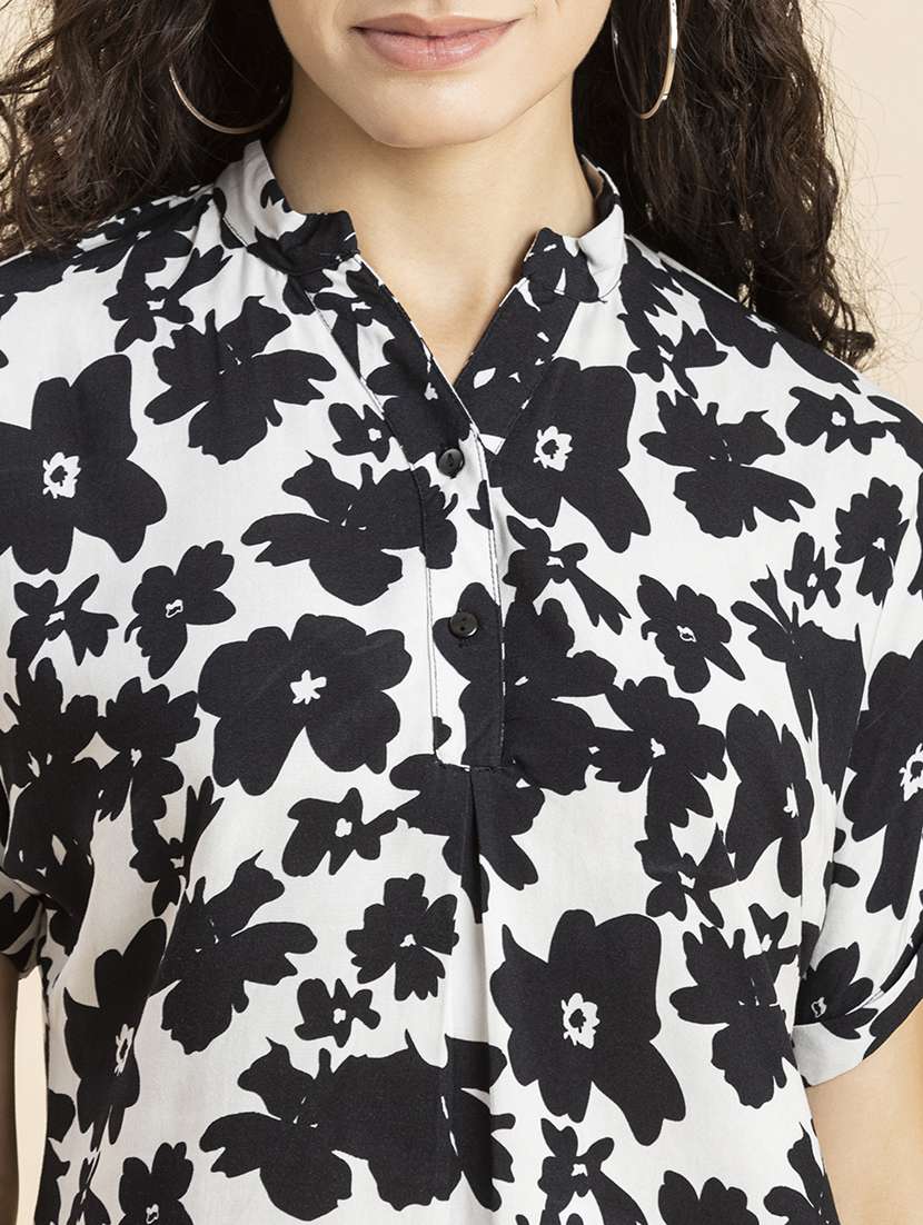 white florals printed mandarin neck regular top - 20272107 -  Standard Image - 4