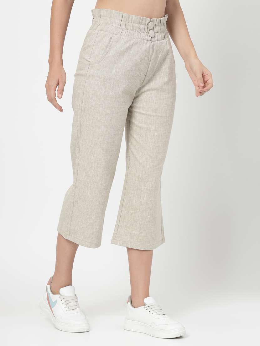 beige solid high rise crop pants  - 20273153 -  Standard Image - 1