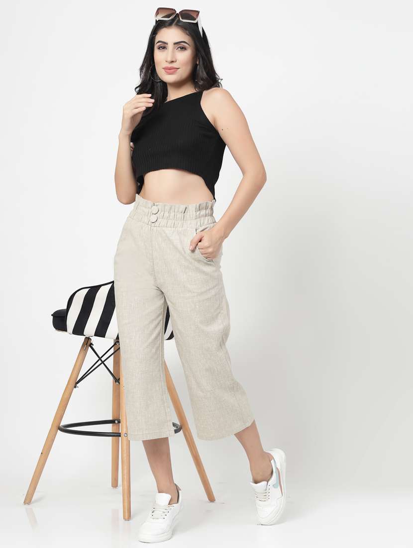 beige solid high rise crop pants  - 20273153 -  Standard Image - 4
