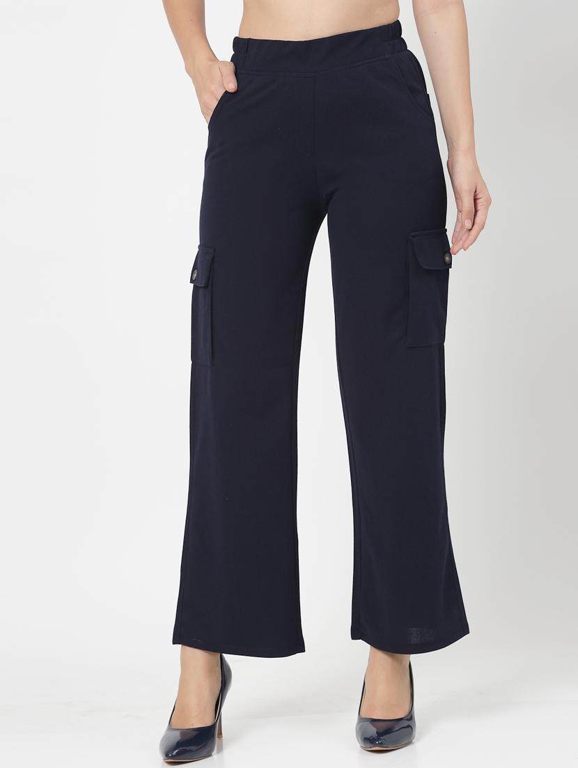 blue solid high rise cargos trouser