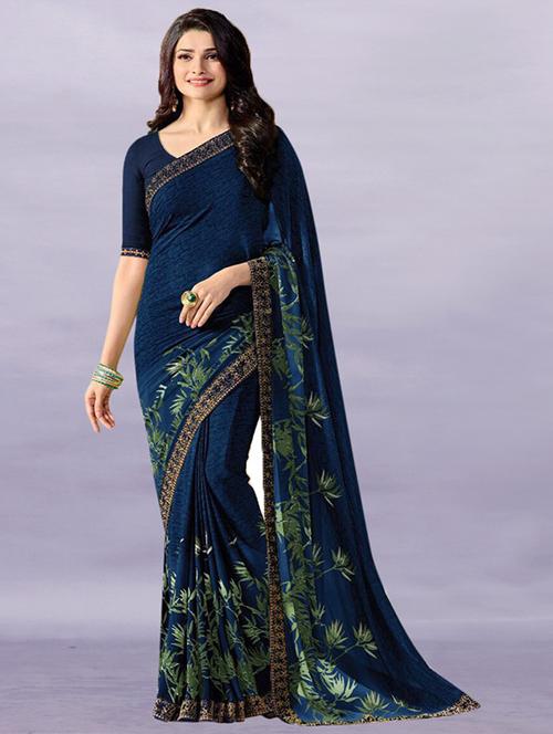 women's floral navy blue colored saree with blouse - 20273318 - Standard Image - 0