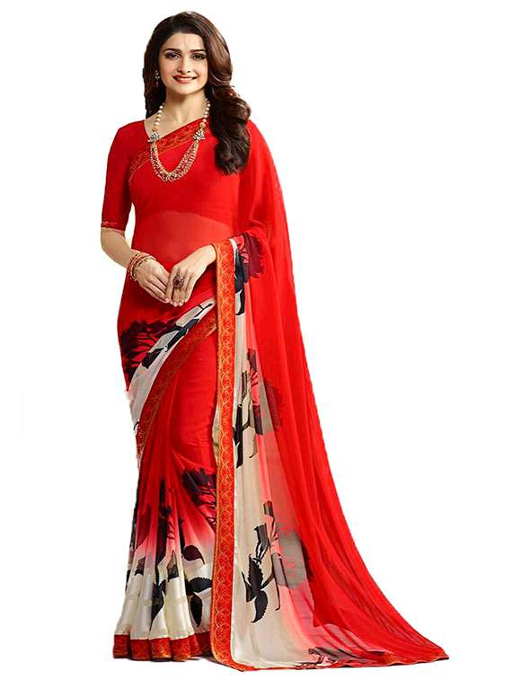 women's printed red colored saree with blouse
