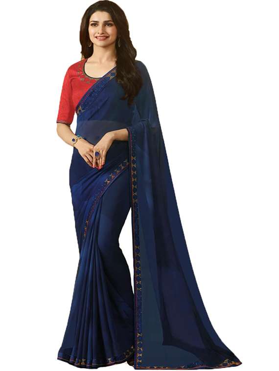 women's bordered navy blue colored saree with blouse