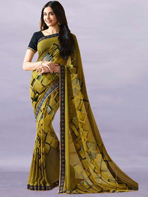 women's geometric olive colored saree with blouse - 20273349 -  Standard Image - 0