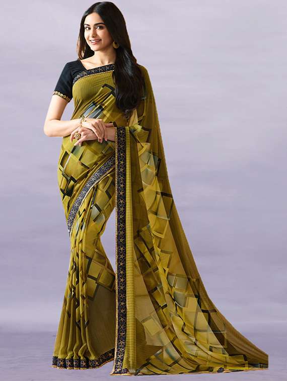 women's geometric olive colored saree with blouse
