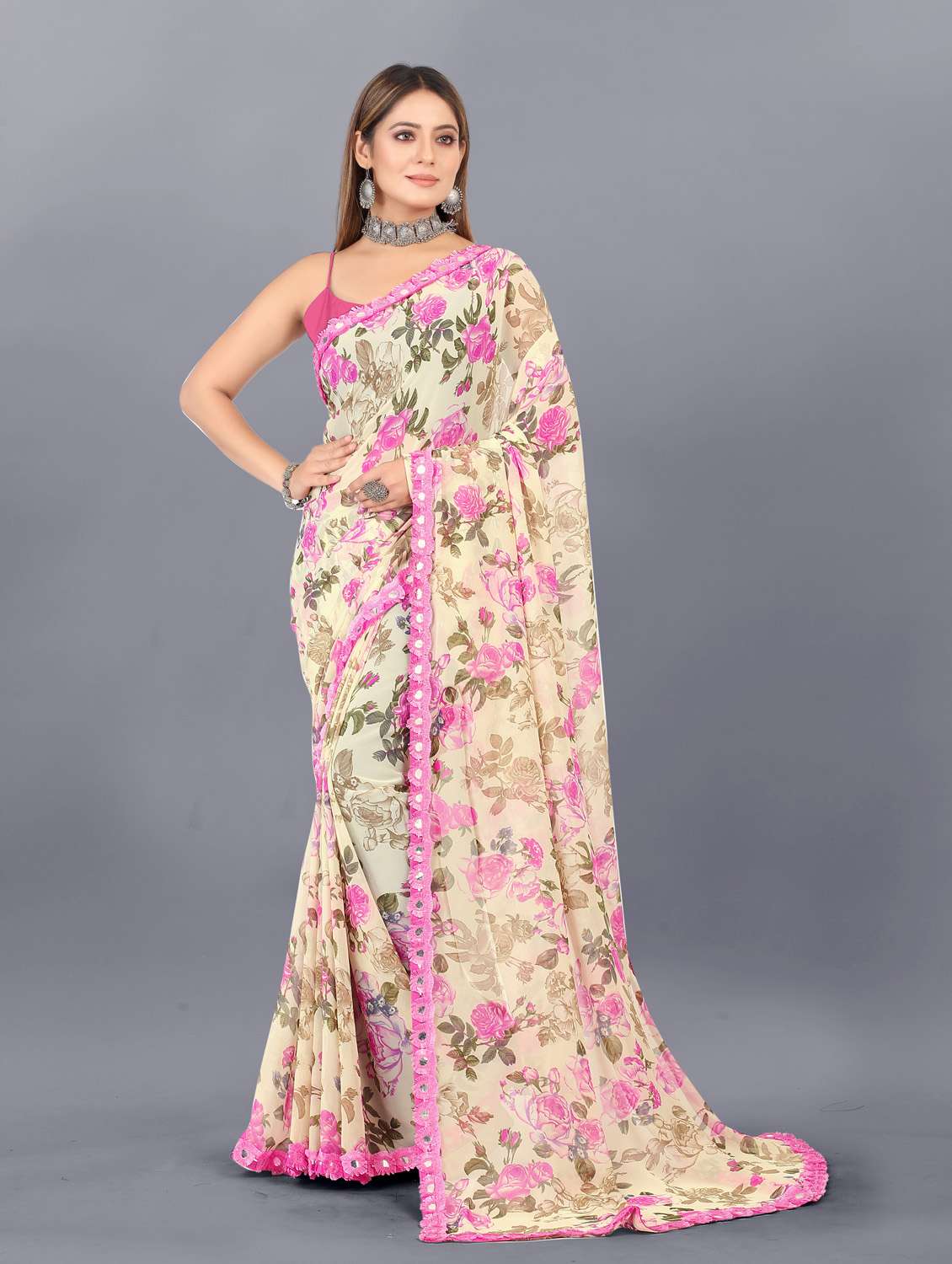 women's floral beige colored saree with blouse