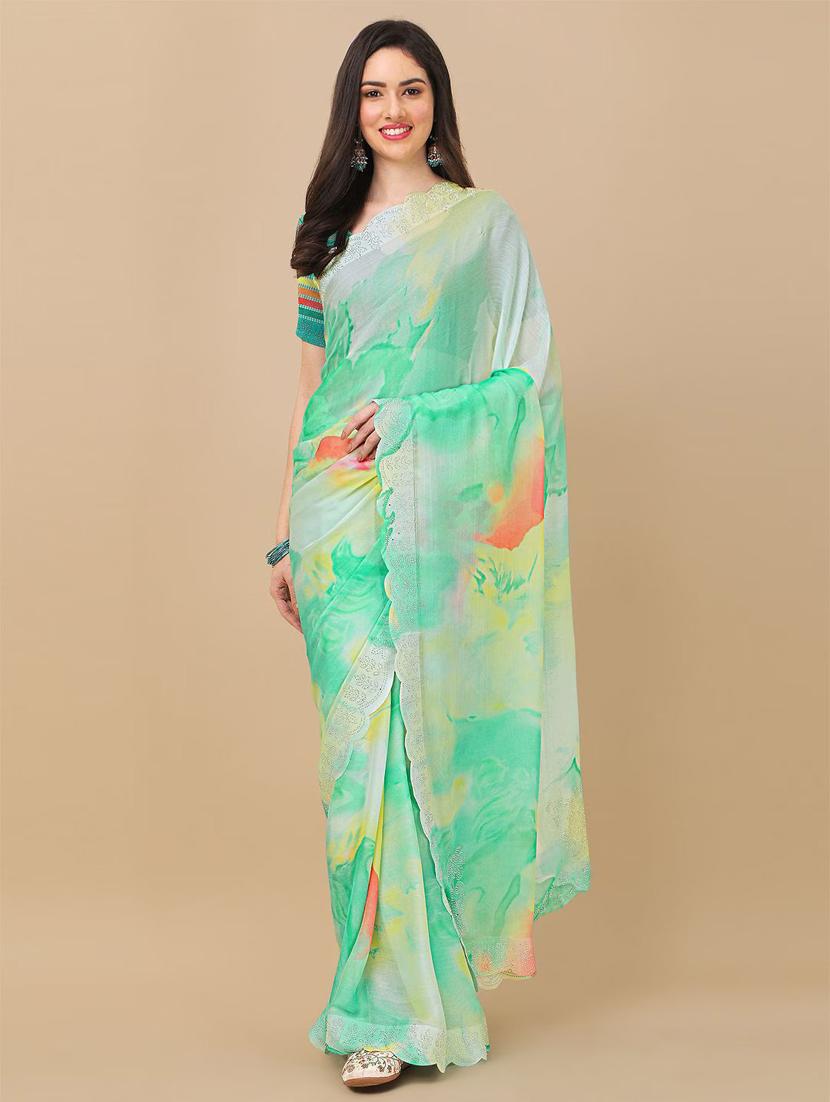 women's tie & dye light green colored saree with blouse