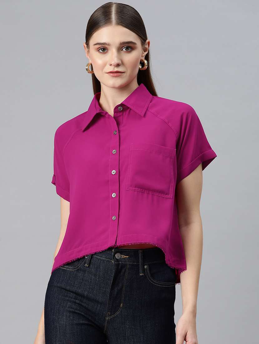 pink solid lapel neck high low top 