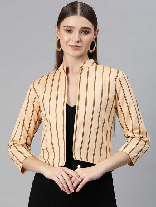 beige striped three quater sleeves jacket - 20273766 -  Standard Image - 0