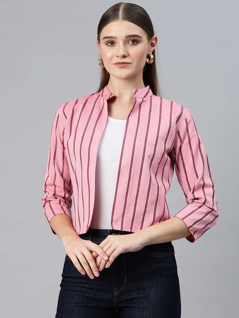 pink striped three quater sleeves jacket