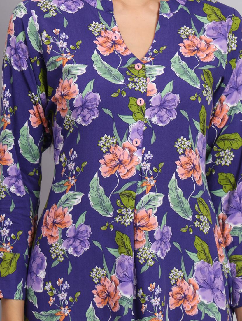 women blue floral printed side slit kurti - 20273777 - Standard Image - 4