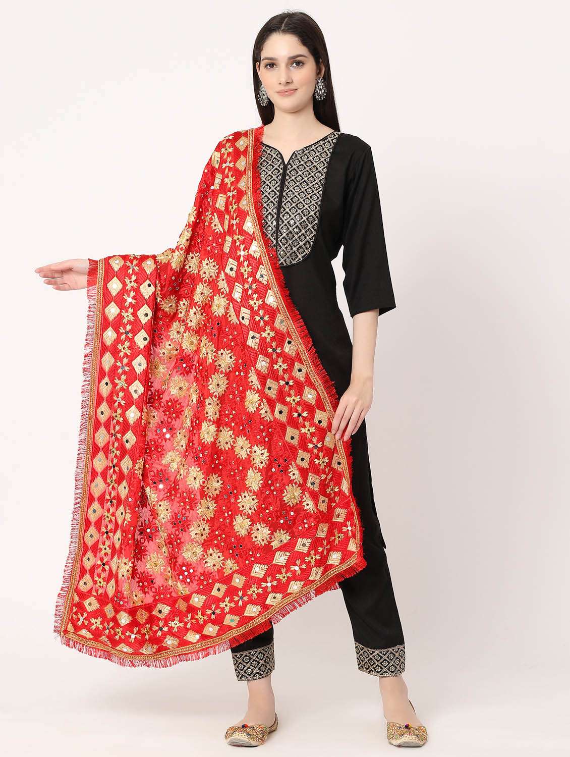 women red phulkari embroidery dupatta