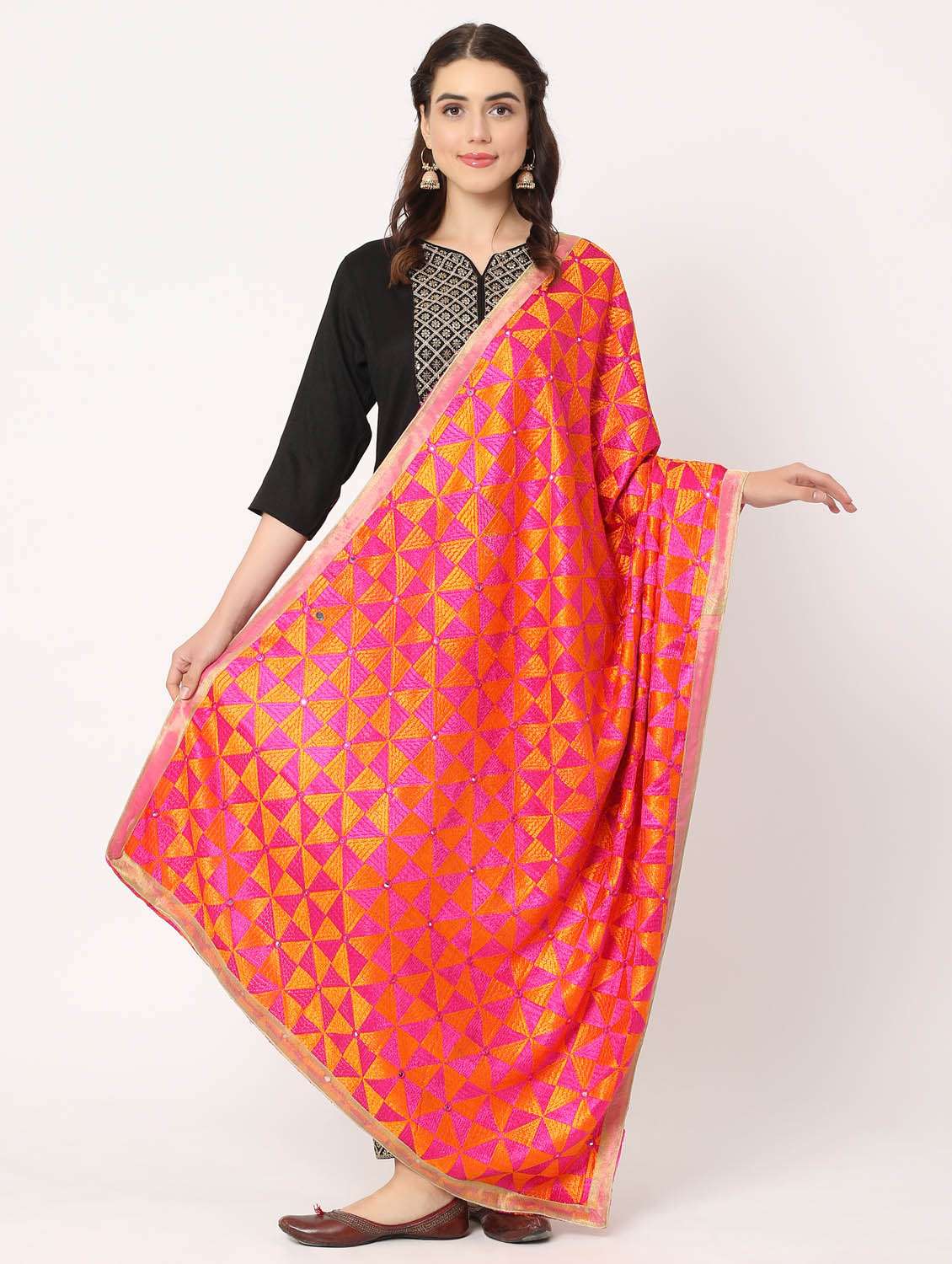 women pink phulkari embroiidered dupatta - 20276635 -  Standard Image - 1