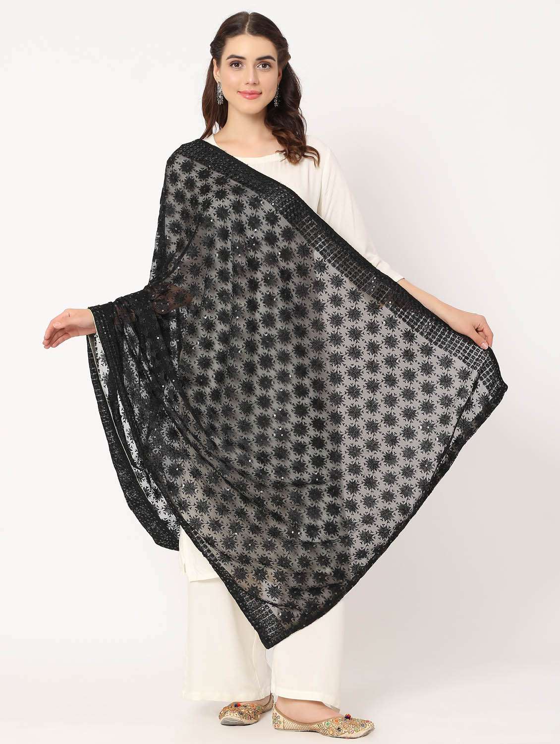 women black phulkari embroidered dupatta  - 20276658 -  Standard Image - 1