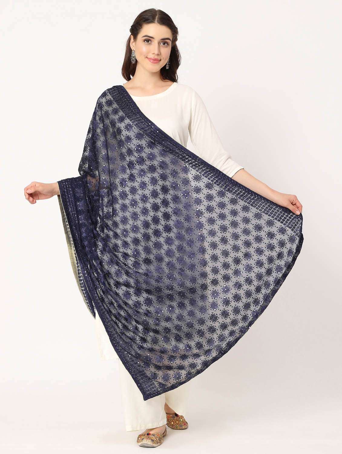women blue phulkari embroidered dupatta 