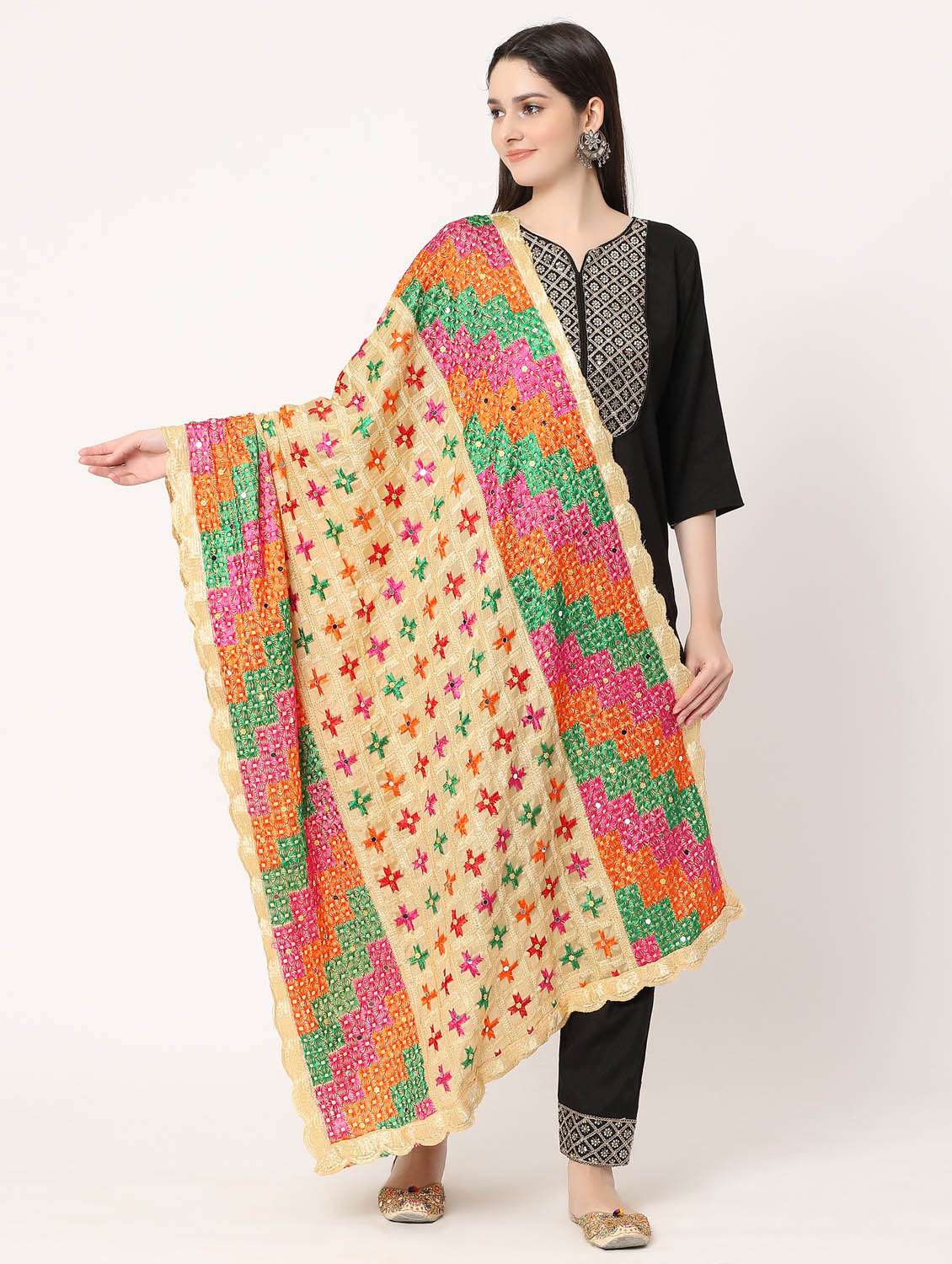 beige phulkari dupatta
