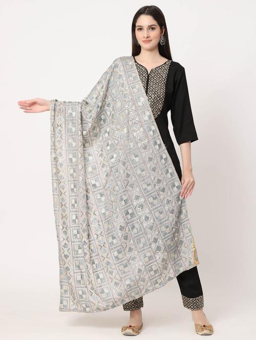 grey phulkari dupatta - 20276711 - Standard Image - 0