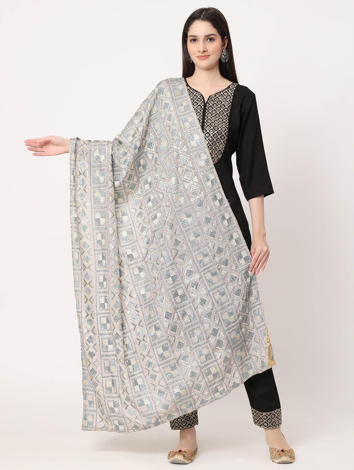 grey phulkari dupatta - 20276711 - Zoom Image - 0