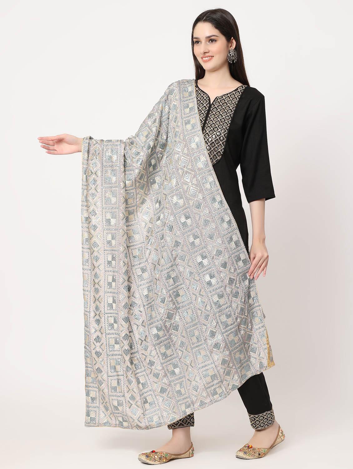 grey phulkari dupatta - 20276711 - Standard Image - 1