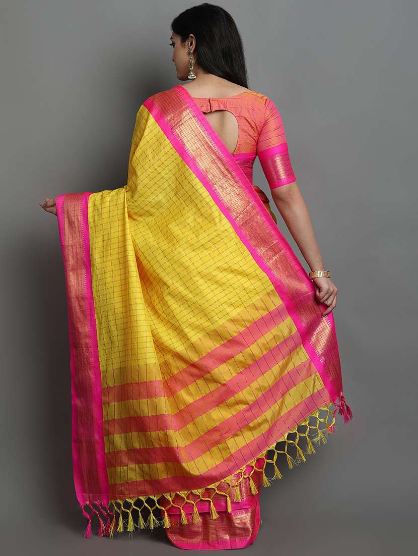 women's checks yellow colored saree with blouse - 20277040 - Standard Image - 1