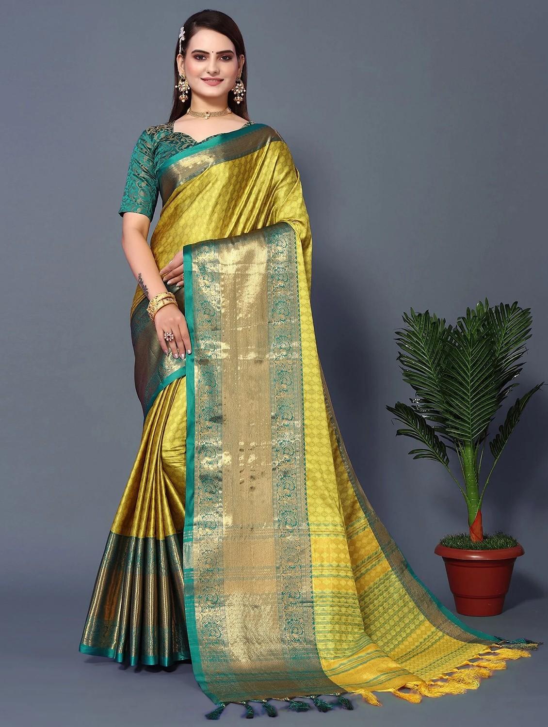 women's self design lemon colored saree with blouse - 20277182 - Zoom Image - 0