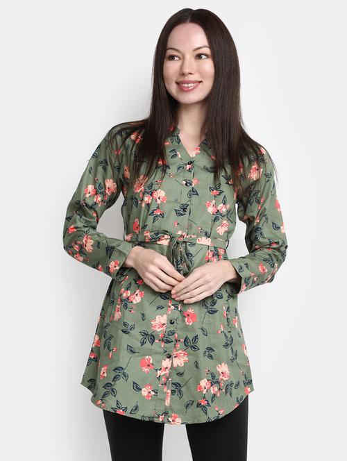 olive floral print oversized shirt - 20277760 - Standard Image - 0
