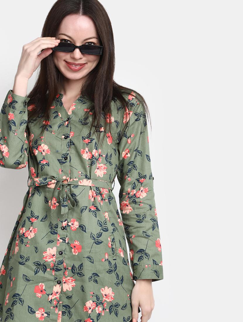 olive floral print oversized shirt - 20277760 - Standard Image - 1