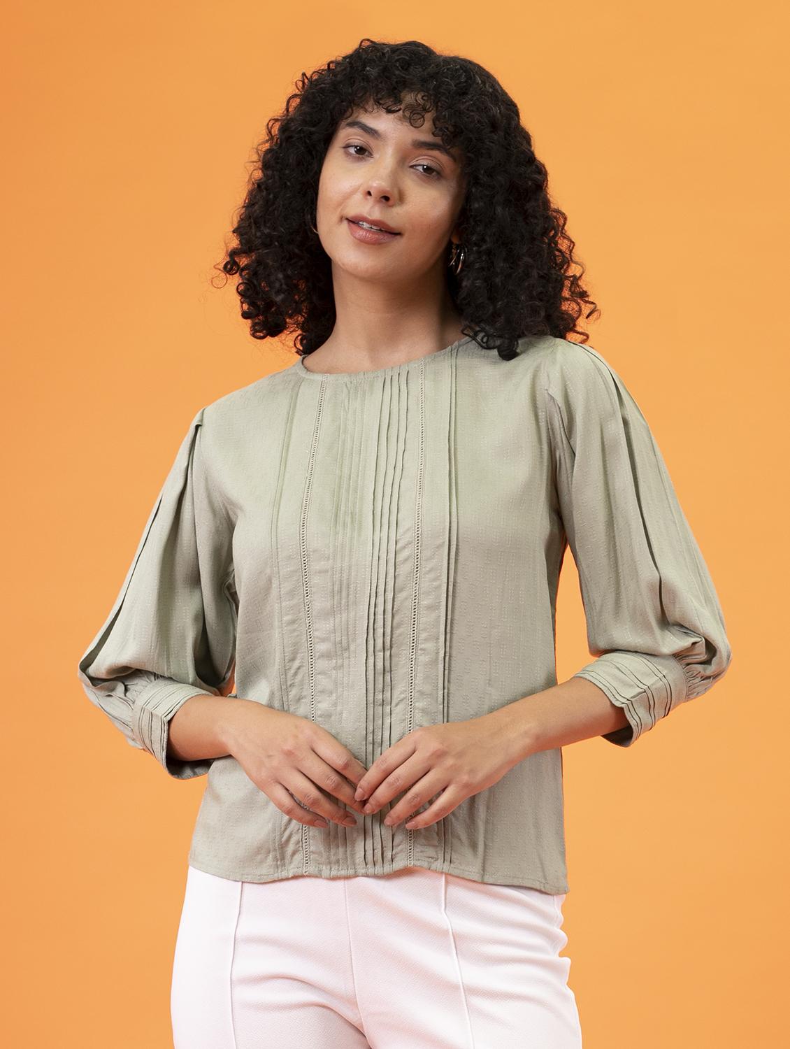 women green solid round neck regular top - 20277769 - Zoom Image - 0