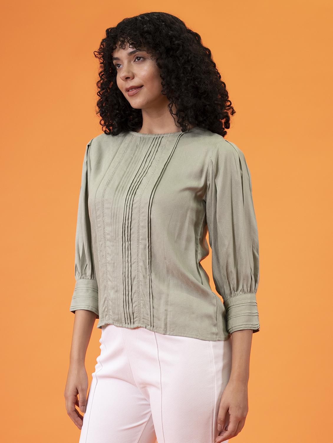women green solid round neck regular top - 20277769 -  Standard Image - 1