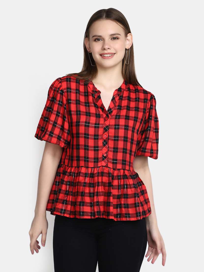 women red checkered mandarin neck top
