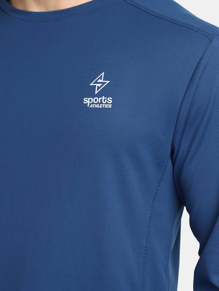 blue solid round neck long sleevs t-shirt - 20277875 -  Standard Image - 4