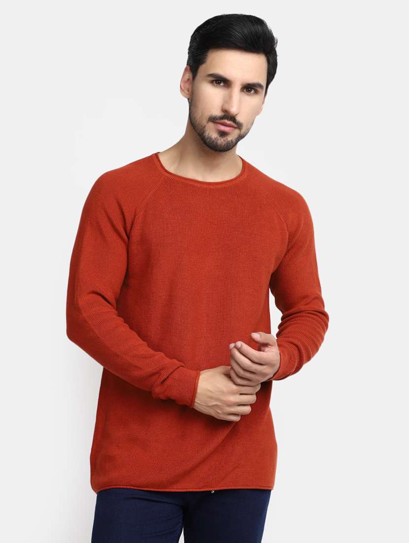 rust solid round neck long sleevs t-shirt