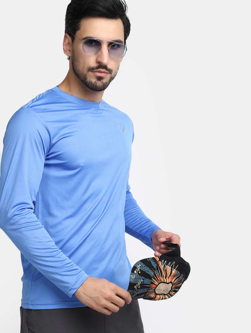 blue solid round neck long sleeves t-shirt - 20277963 -  Standard Image - 1