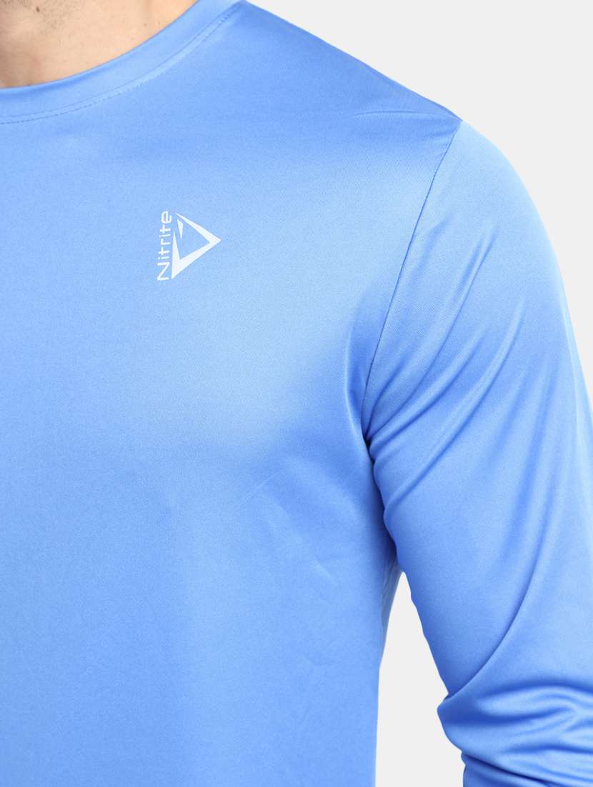blue solid round neck long sleeves t-shirt - 20277963 -  Standard Image - 4