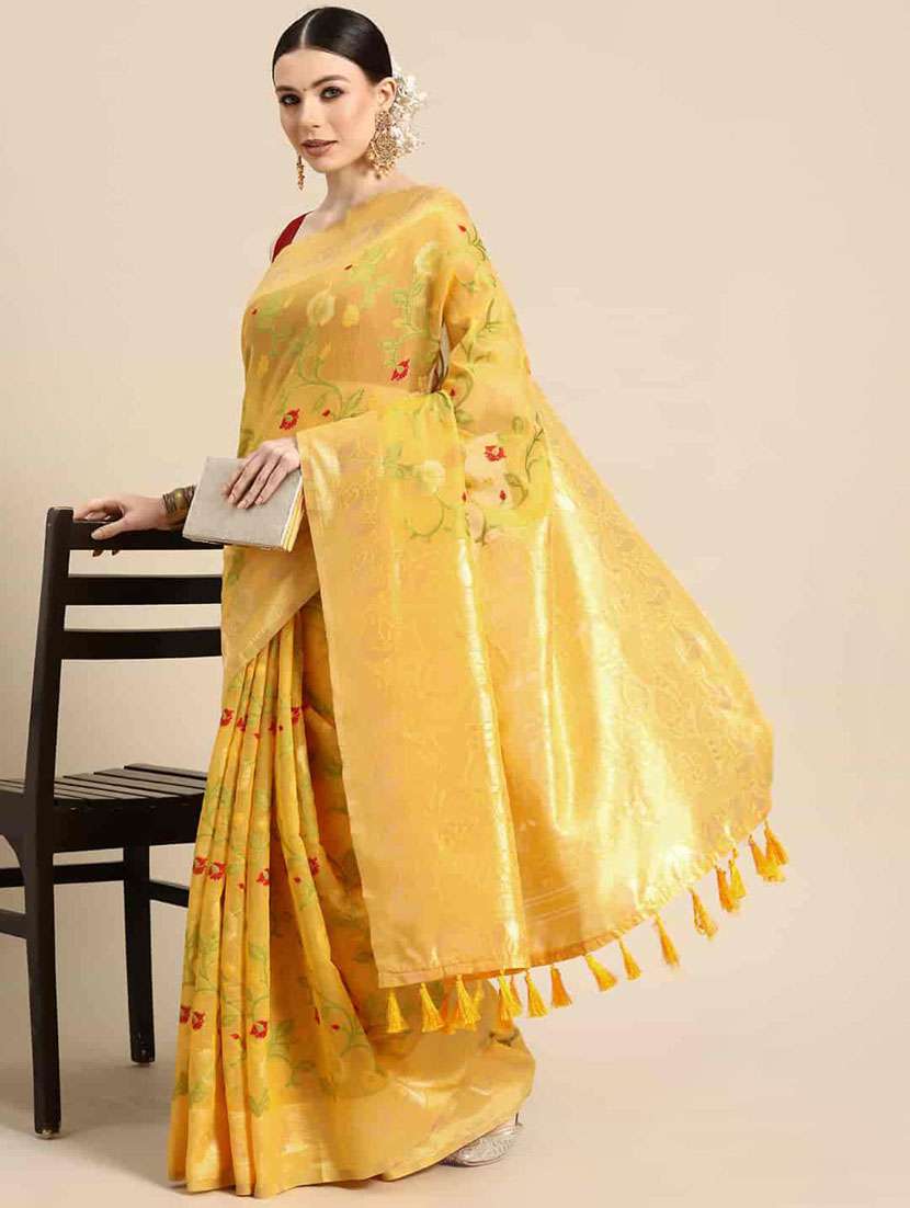 Women's Floral Mustard Colored Saree With Blouse - 20278096 -  Standard Image - 1