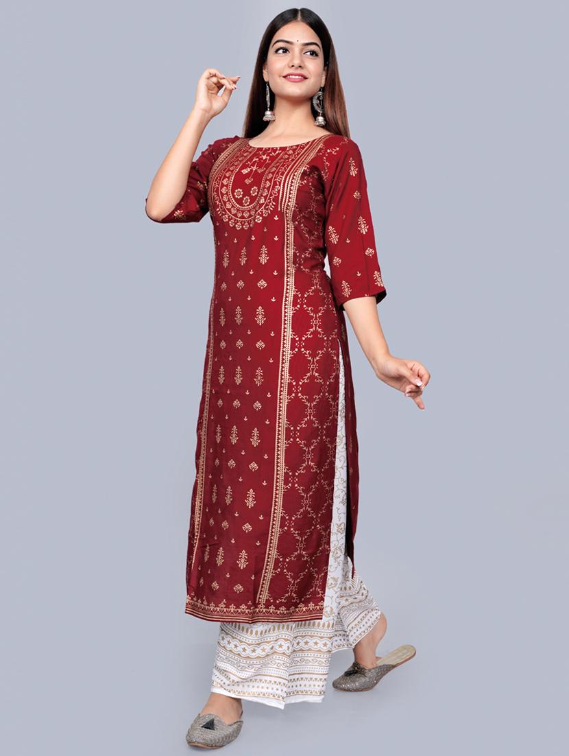 maroon colored kurta palazzo set - 20280738 - Standard Image - 1