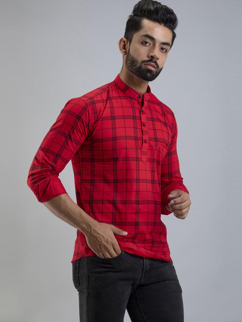 men red checks cotton short kurta - 20280814 -  Standard Image - 1