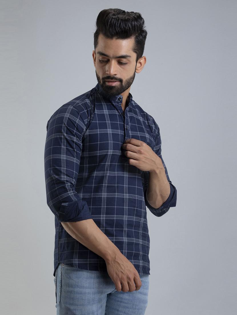 men navy blue checks cotton short kurta - 20280815 -  Standard Image - 1
