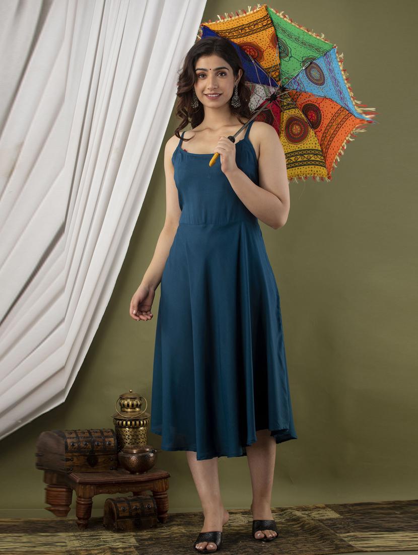 blue solid shoulder strap fit & flare dress - 20281195 - Standard Image - 1