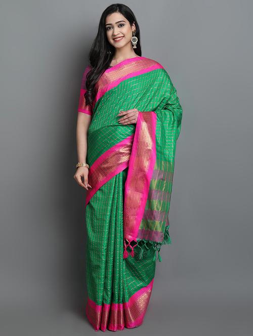 women's checks green colored saree with blouse - 20282021 - Standard Image - 0