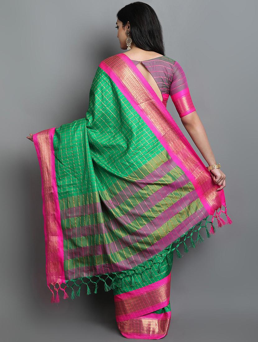 women's checks green colored saree with blouse - 20282021 - Standard Image - 1