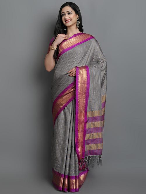 women's bordered grey colored saree with blouse - 20282024 - Standard Image - 0