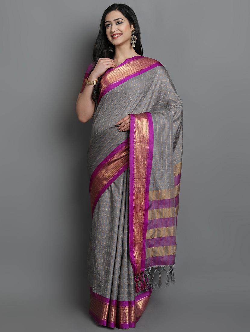 women's bordered grey colored saree with blouse - 20282024 - Zoom Image - 0