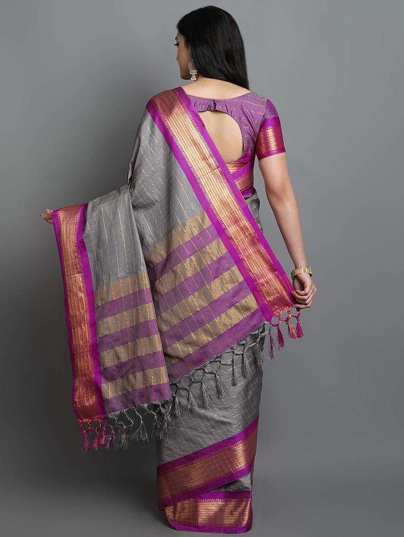 women's bordered grey colored saree with blouse - 20282024 - Standard Image - 1